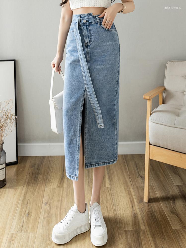 

Skirts Summer Casual Lady Asymmetric Split Denim Skirt Elegant Women Empire Slim A-line Midi Sash Tie Up, Blue