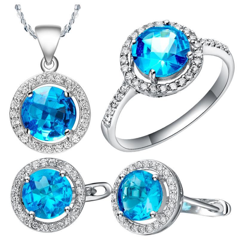 

Necklace Earrings Set & Fashion Women Anniversary Party White Gold Inlay Circular Bule Zircon Necklace/Ring/Earrings T054-6#, Picture shown
