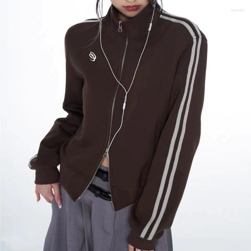 

Women' Hoodies Vintage Striped Brown Zip Sweatshirt Women Y2k American Streetwear Kpop Letter Jacket Harajuku Hippie Long Sleeve Tops