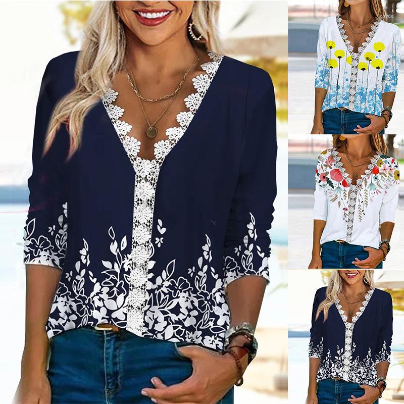 

Women' T Shirts Office Lady Elegant Floral Print Blouses Spring Deep V Neck Lace Embroidered Tops Pullover Autumn Long Sleeve Women Blusa, White
