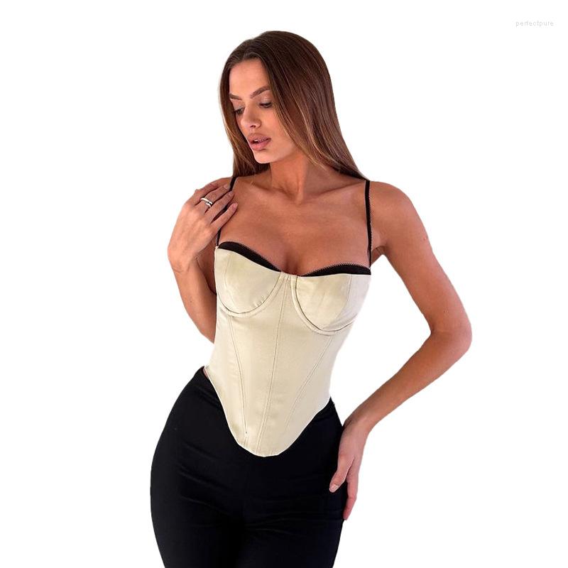 

Women' Tanks Women Summer Casual All-match Self-cultivation Hit Color Edge Waist Showing Chest Girl Camisole Top, Apricot