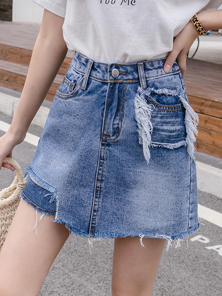 

Skirts Summer Sexy Women Empire Slim Denim Skirt Casual Lady Asymmetric A-line Vintage Female Broken Hole Mini, Black