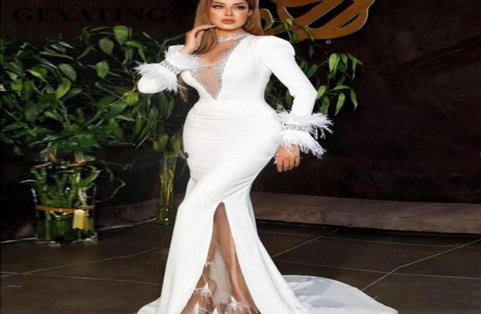 

Formal White Mermaid Party Dresses Elegant Women Arabic Prom Dress 2020 Saudi Arabia Dubai Evening Dresses Long Sleeves Feathers L9189516, Hunter green