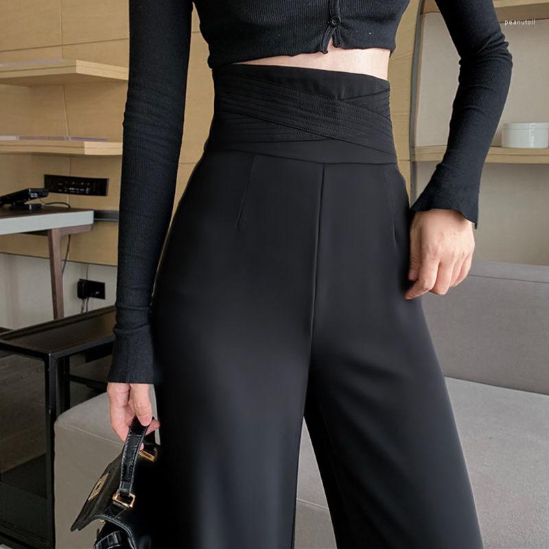 

Women's Pants Black White Women Classic Suit Design Super High Waist Bandage Wide Leg 2023 Autumn Straight Streetwear