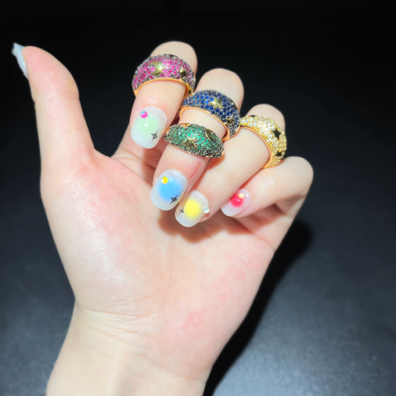 

Drop Ship Rainbow Cz Band Rings for Women Finger Jewelry Iced Out Bling CZ Colorful Neon Enamel Open Adjusted Dome Ring