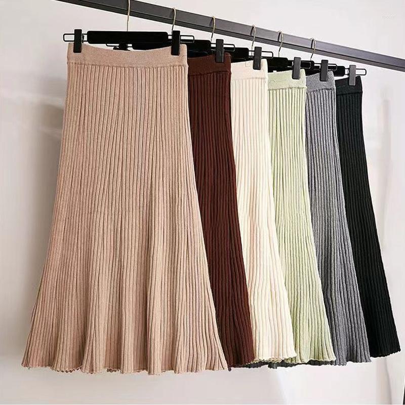 

Skirts Women's Knitted A-line Skirt Autumn Winter Solid Color Pleated Long Korean Style Harajuku Woman Elegant High Waist, Beige