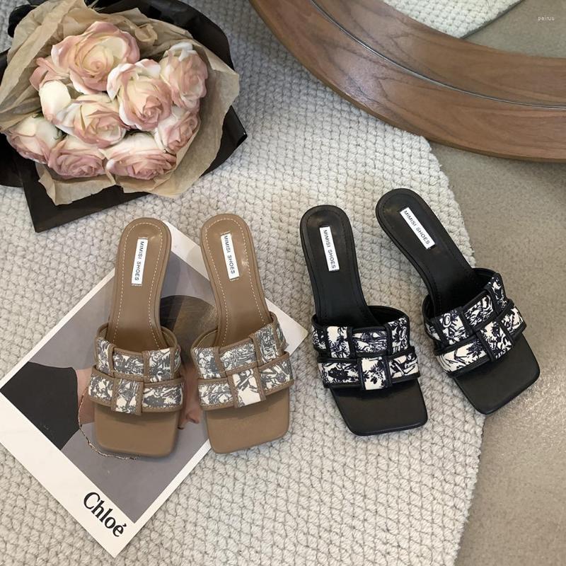 

Slippers Weave Design Women Black Khaki Summer Outside Slides Mules Shoes Mid Thin Heels Casual Party Pumps Size 35-39