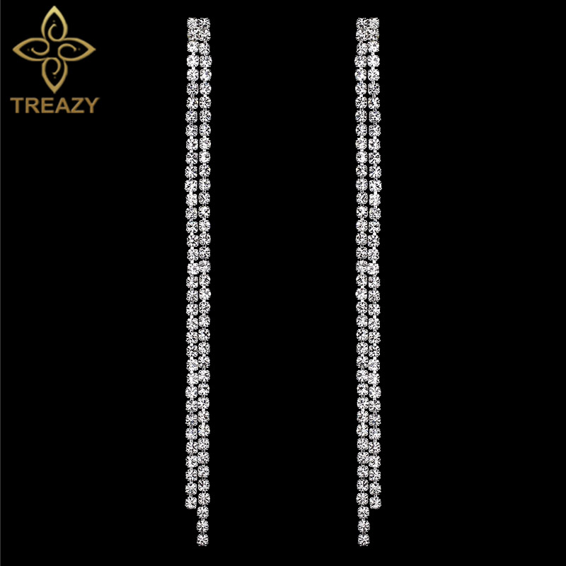 

TREAZY Simple Rhinestone Crystal Tassel Long Earrings for Women Shining Wedding Party Hanging Dangle Earrings Bridal Brincos