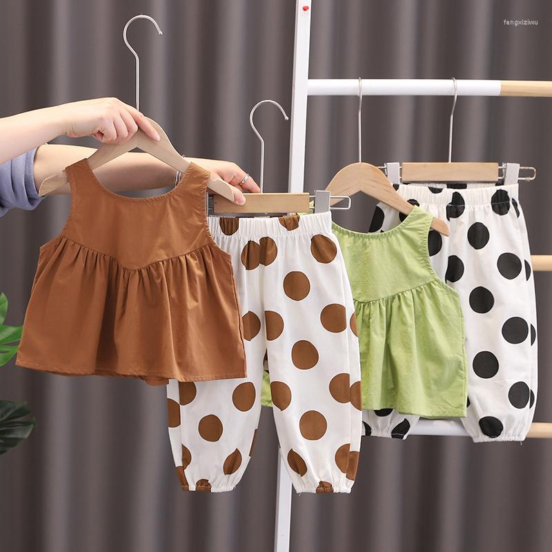 

Clothing Sets 2023 Summer Girls Sleeveless Pullover Vest And Polka Dot Leggings Two Piece Set Toddler Clothes, Coffee