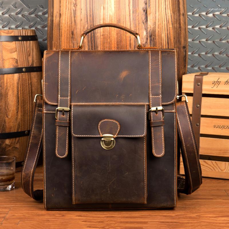

Briefcases Crazy Horse Genuine Leather Business Men's Briefcase Women's Vintage Handbag Backpack One Shoulder Satchel 14 Inch Tablet, Vinatge brown