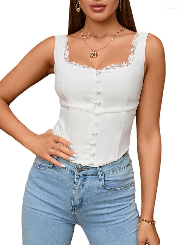 

Women's Tanks Suninheart Women Summer White Crop Top With Button Casual Corset Boning Elegant Lace Patchwork Tank 2023, With boning
