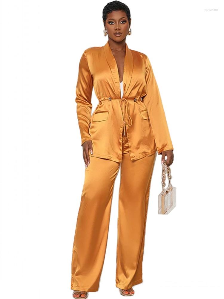

Ethnic Clothing Satin 2 Piece Set Africa Clothes For Women African Fashion Suit Cardigan Top And Straight Pants Bathrobe Matching Sets