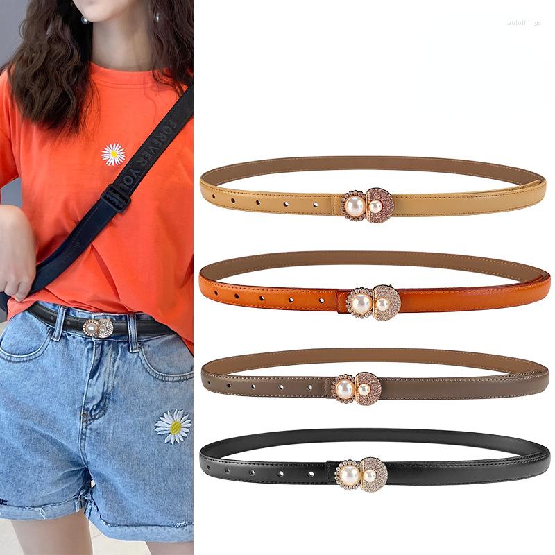 

Belts Luxury Rhinestone Pearls Buckle Pin Genuine Cow Leather Waistband For Women Slim Designer Belt, Black