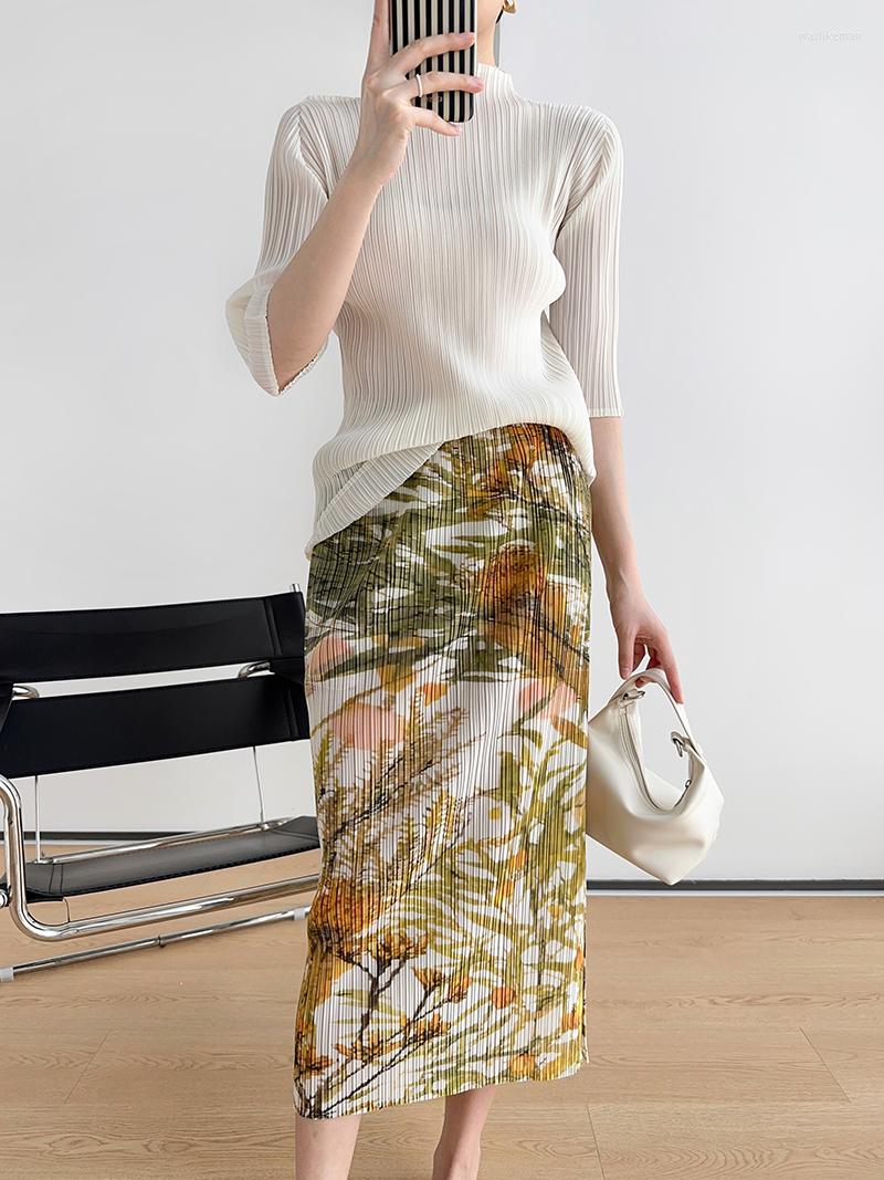 

Skirts Mike Pleated Grass Wood Original Floral Printed Skirt 2023 Summer Split Slim Fit Long Korean Style Clothes