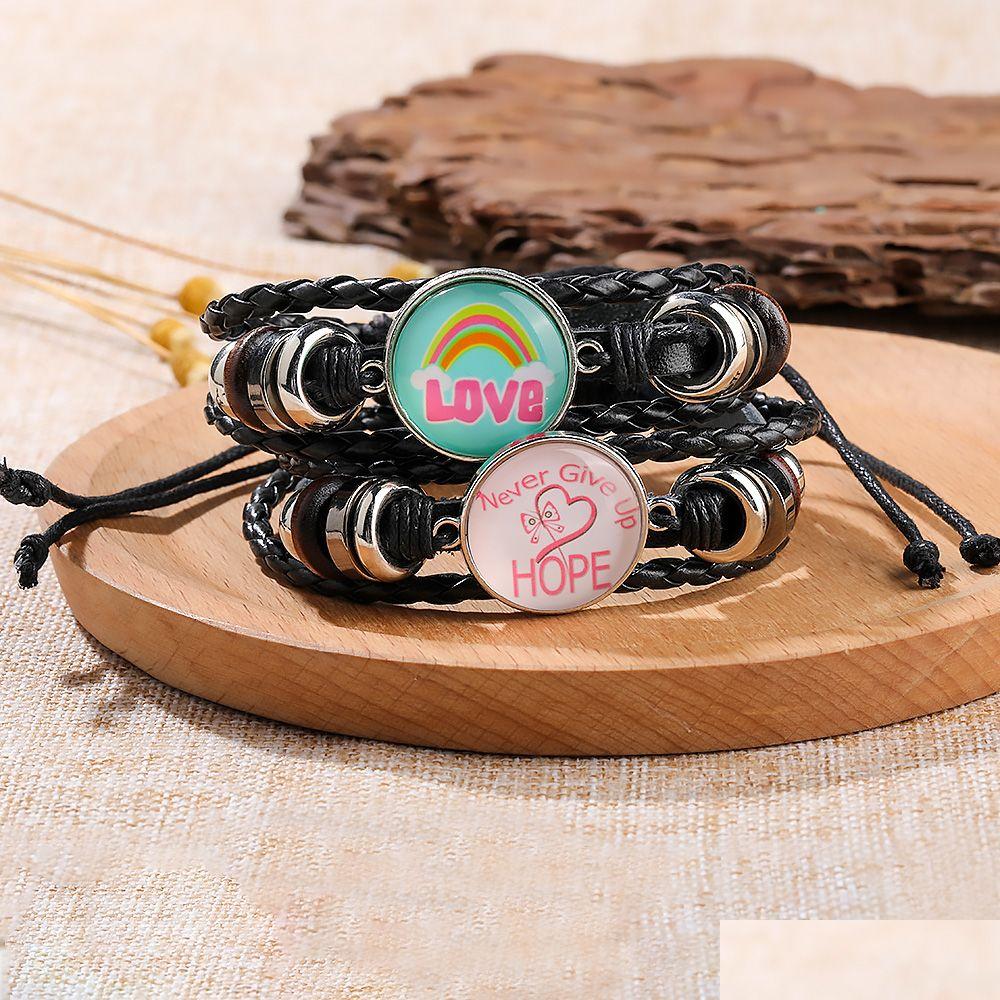

Other Bracelets Breast Cancer Awareness Hope Bracelet For Women Pink Ribbon Charm Braided Leather Rope Wrap Bangle Fashion Handmade Dha7N