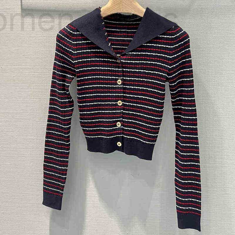 

Women's Knits & Tees designer ue and white striped long slved Swter Navy collar single rsted i thin cardigan 3XY6