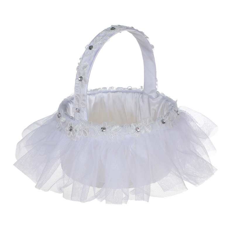

White Lace Girl Basket Elegant Satin Rose Round Wedding Favors Decoration L-5669