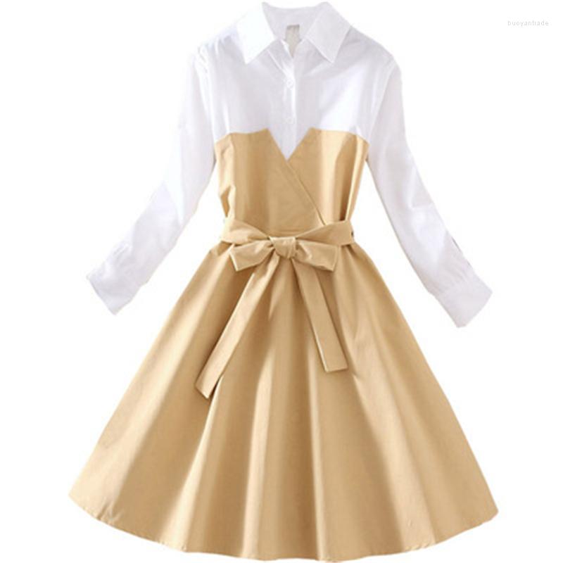 

Casual Dresses 2023 Women's Spring Autumn Fake Two Piece Sets Stripe Patchwork Summer Female Shirt Dress Vestido Lady Clothing Belt, Dark blue