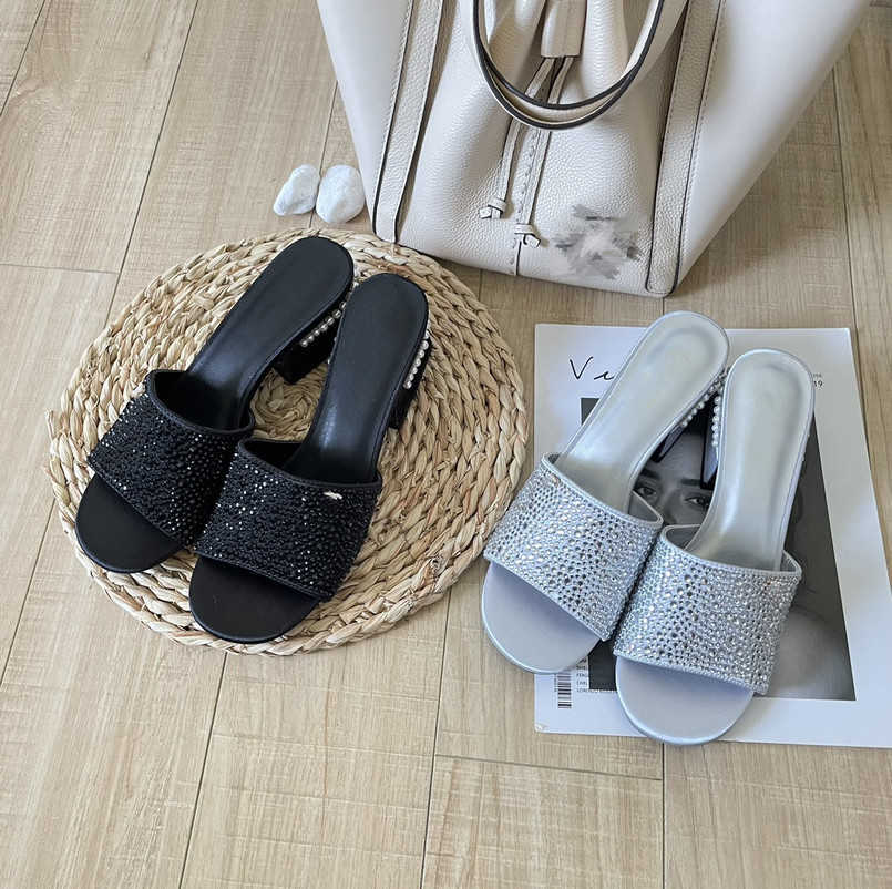 

6CM Mid High Heels LOGO Sandal CHANNEL Slippers Crystal Embellished Slides Intelocking C Pumps Pearls Charm Heeled Mules Ladies Designer Wedding Party Dress Shoes, Chal523-1