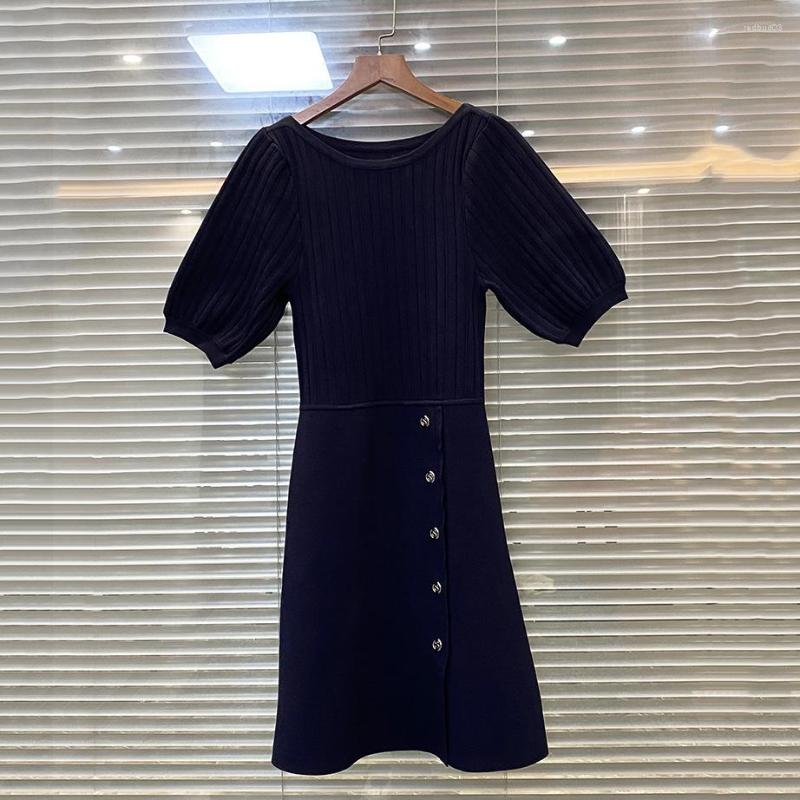 

Casual Dresses Temperament Commuter Bubble Sleeve Knit Skirt Metal Single Row Button Asymmetric Black Dress Female 2023 Spring And Summer