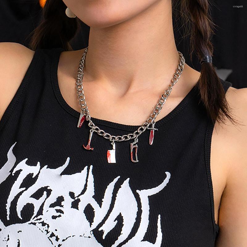 

Pendant Necklaces Gothic Thick Chain With Blood Sword/Hammer/Saw Pendants Necklace For Women 2023 Fashion Jewelry Neck Colar Halloween
