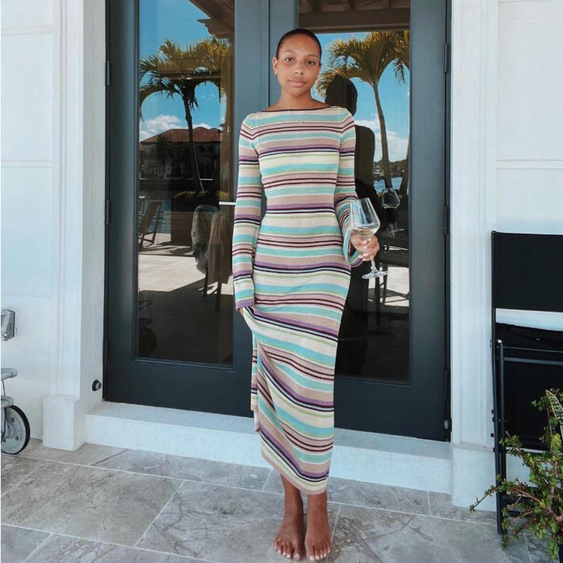

Casual Dresses Bohemian Knitted Striped Women' Dress Long Sleeve Backless Slash Neck Beach Party Club Wear Streetwear, Contrast stripe