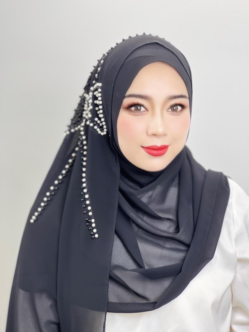 

Ethnic Clothing Muslim Hijab Flower Ornament Bow Beads Pearl Chiffon Islamic Hat Turban Hair Loss Head Scarf Wrap Women's Headband