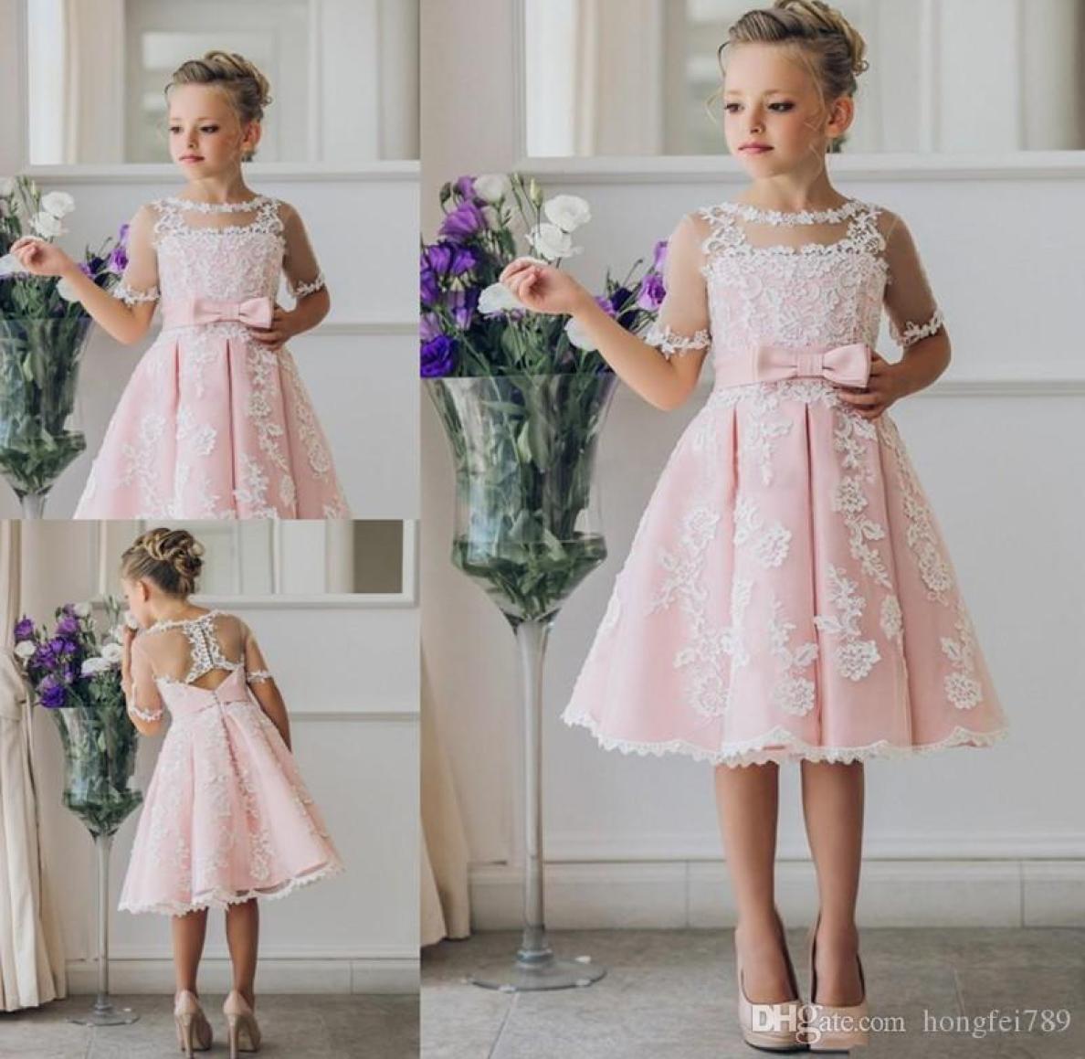 

2019 New First Communion Dresses For Girls Short Sleeve scoop flower Pearls White Flower Girl Dresses for Weddings9233853, Brown