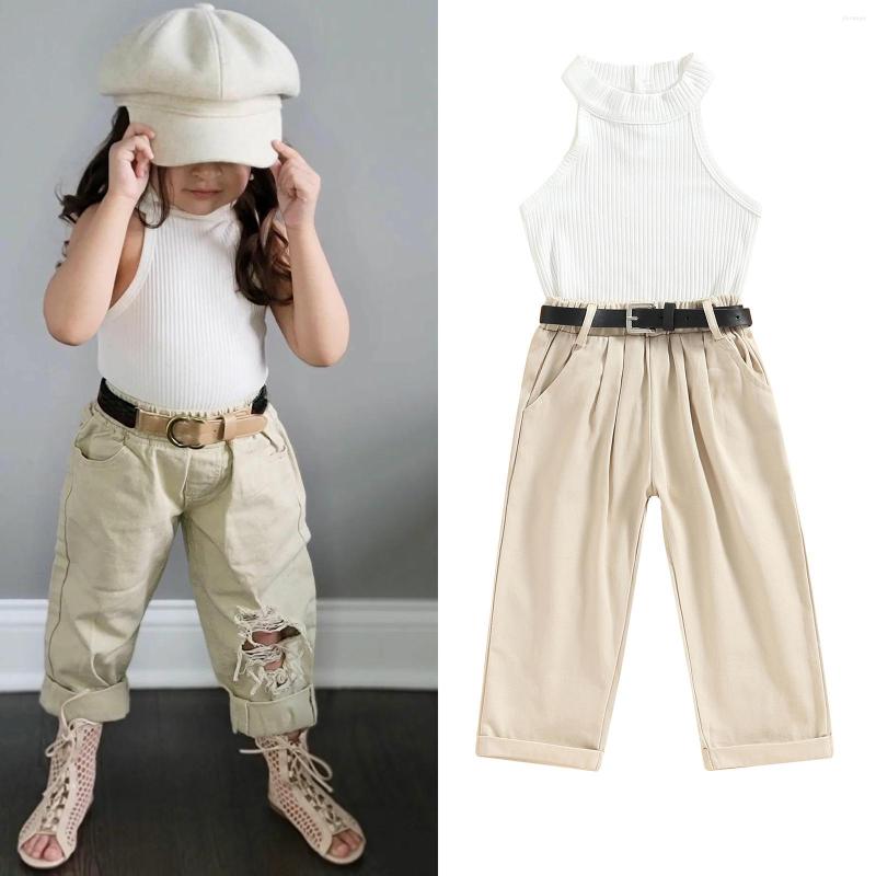 

Clothing Sets FOCUSNORM 1-6Y Toddler Kids Girls Summer Clothes Set Outfit Solid Ribbed Sleeveless Tank Tops Stretch Casual Pants With Belt, Picture shown