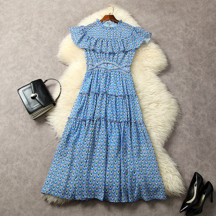 

2023 Summer Pink / Blue Print Beaded Chiffon Dress Green Cap Sleeve Stand Collar Ruffled Midi Casual Dresses L3W222365