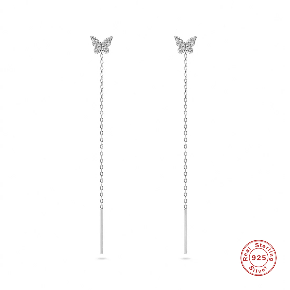 

Aide 925 Sterling Silver Shiny CZ Zircon Butterfly Stud With Long Chain Tassel Pin Front Back Dangle Earrings For Women Party