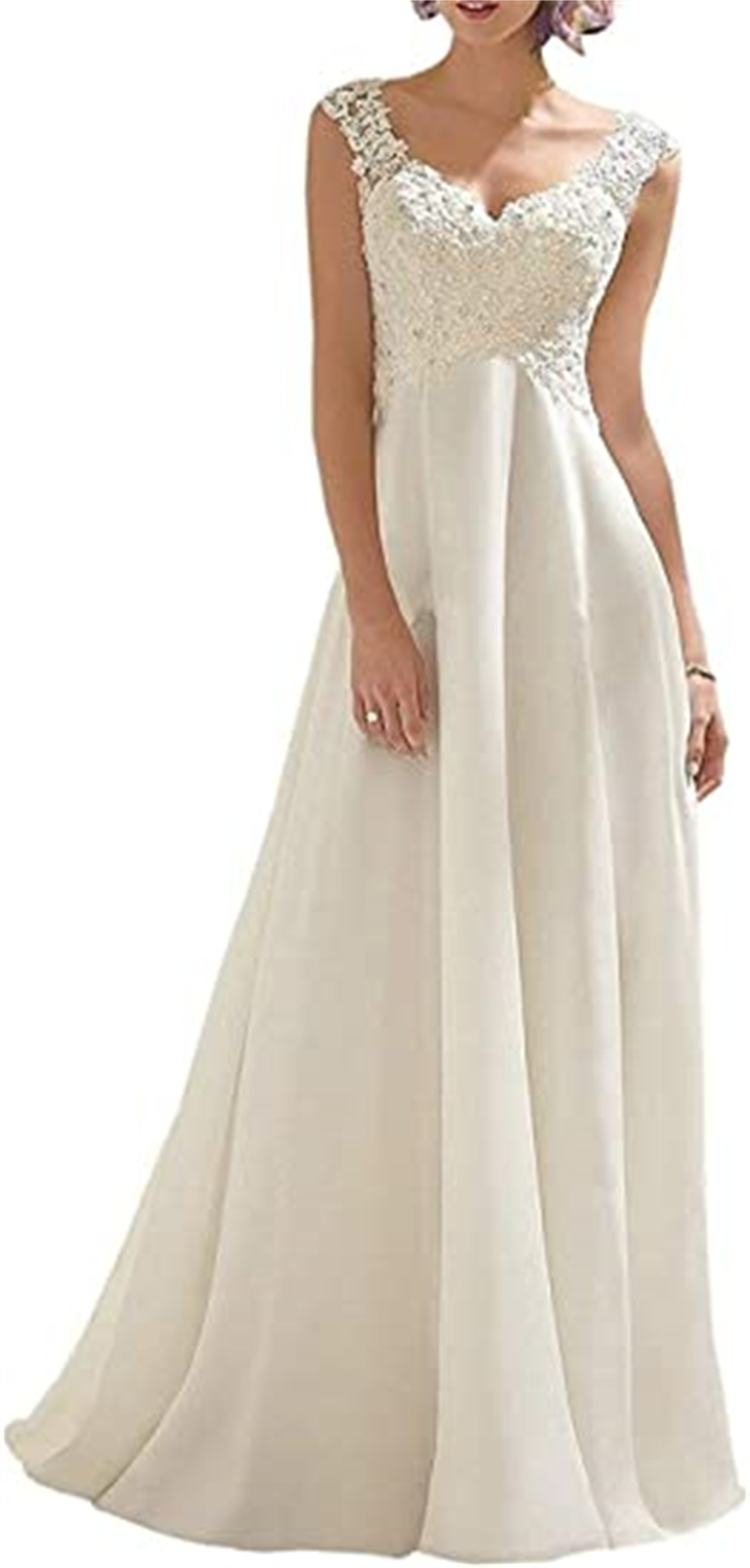 

Women's Wedding Dress Lace Double V-Neck Sleeveless Dress, White
