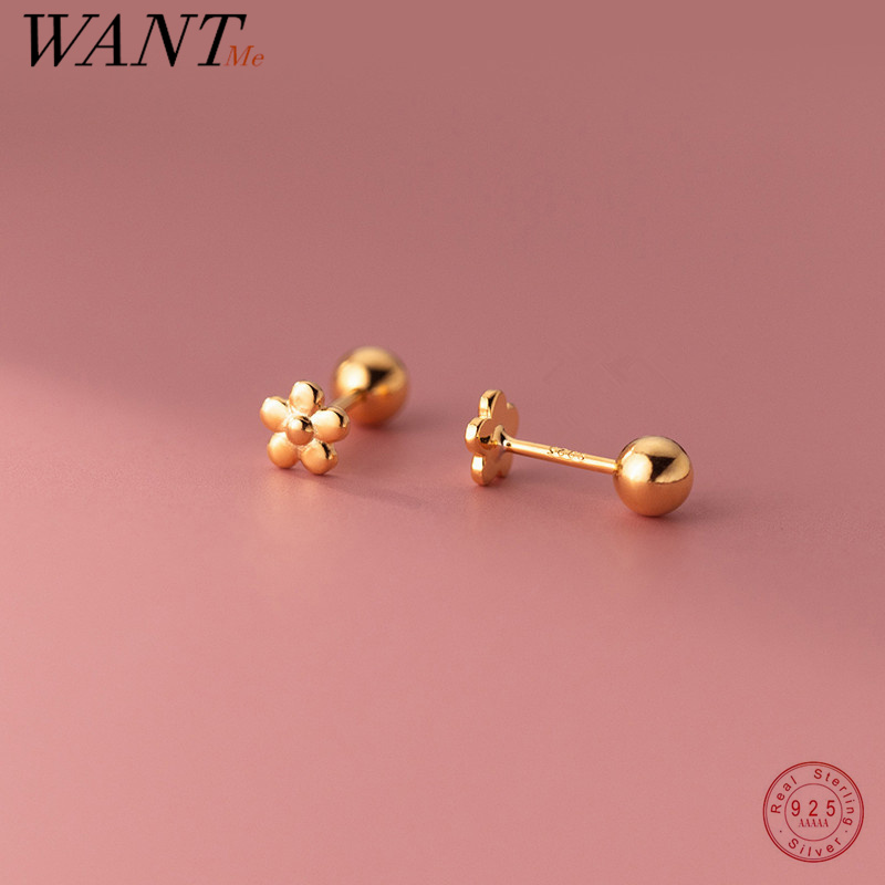 

WANTME 925 Sterling Silver Cute Flowers Baby Screw Beads Stud Earrings for Women Minimalist Romantic Floral Party Jewelry Gift
