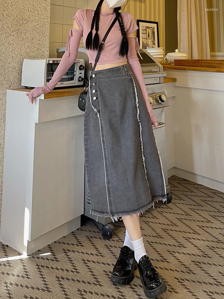 

Skirts Denim Skirt Women ' High-Waist Buttoned Asymmetric Mid-Length Autumn Winter All-Match 2023 Casual Loose A-Line, Gray