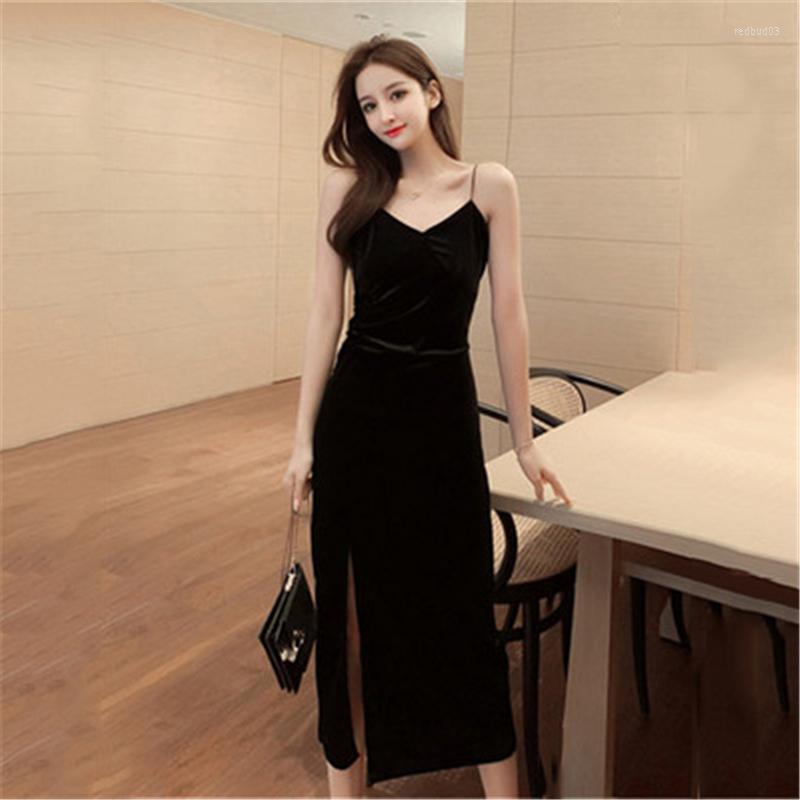 

Casual Dresses Women' Sling Dress For Summer Long Sexy Female V-neck Velvet Base Ladies T807, Black