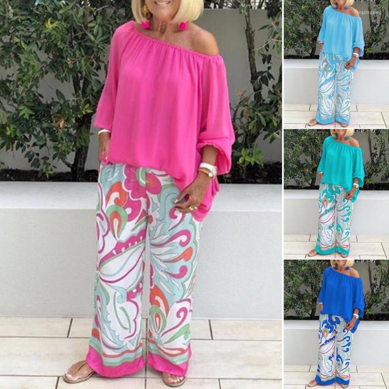 

Women's Two Piece Pants Women Loose Outfit Set Solid Color Top Mid Waist Wide Leg Blouse 2 Pcs/Set, Green