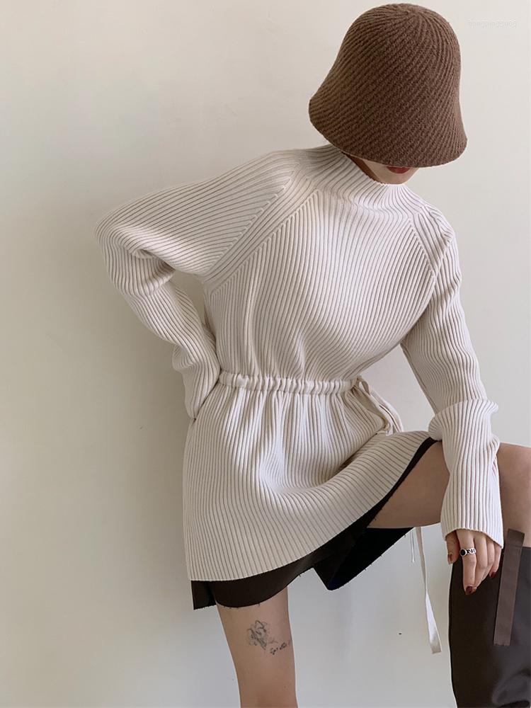 

Women' Sweaters CamKemsey Thick Warm Fall Winter Women Chic Half Turtleneck Lace Up Slim Waist Rib Knitted Long Pullovers, Black