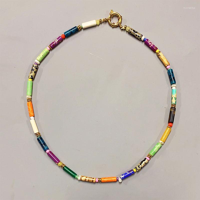 

Chains Vintage Colored Stone Necklace Round Tube Natural Pearl Beaded Necklaces For Women Handmade Choker Jewelry Gifts