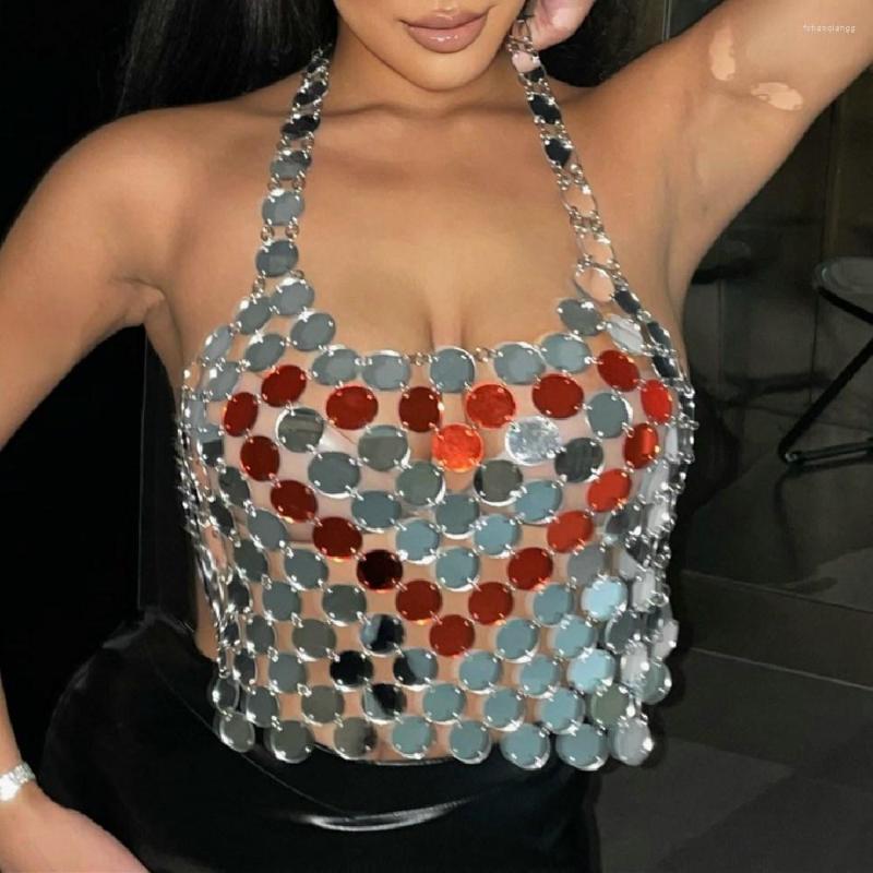 

Women's Tanks Shiny Acrylic Sequin Crop Top Backless For Women Trendy Sexy See Through Sleeveless Shoulder Evening Wear Party 2023, Silver
