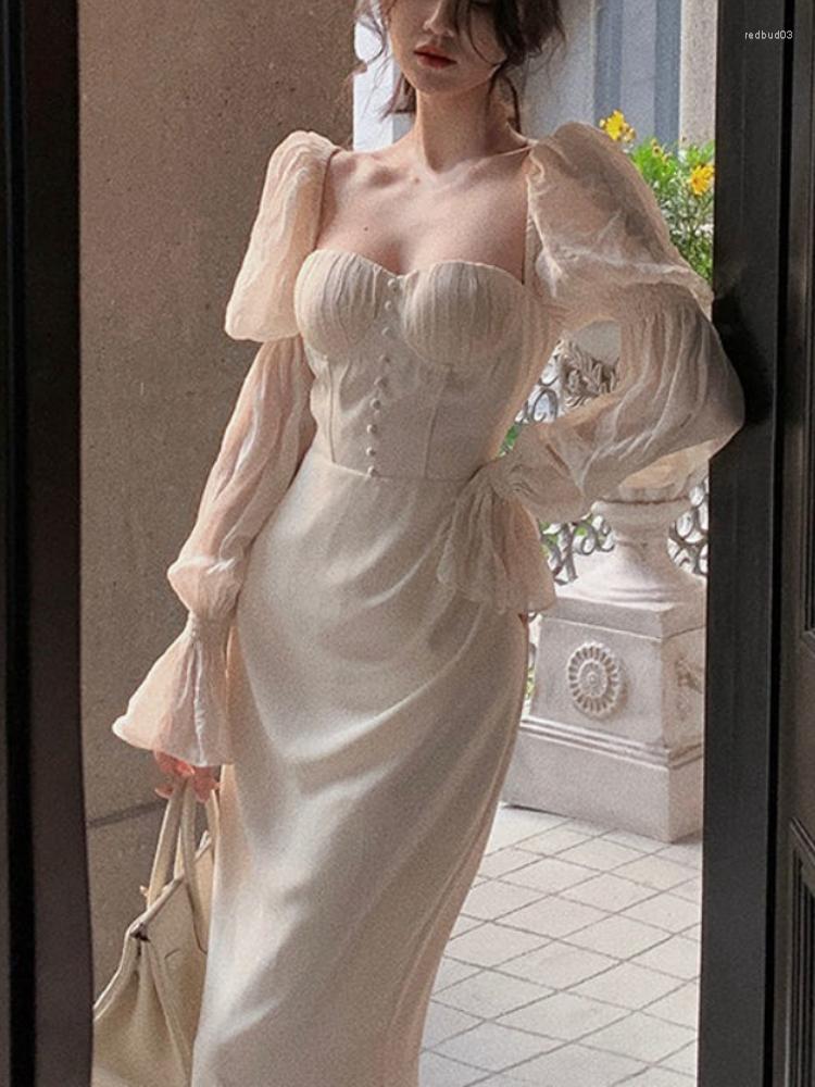 

Casual Dresses France Elegant Evening Party Dress Women Flare Sleeve Sweet Vintage Female Korean Fashion Fishtail Summer 2023, Beige