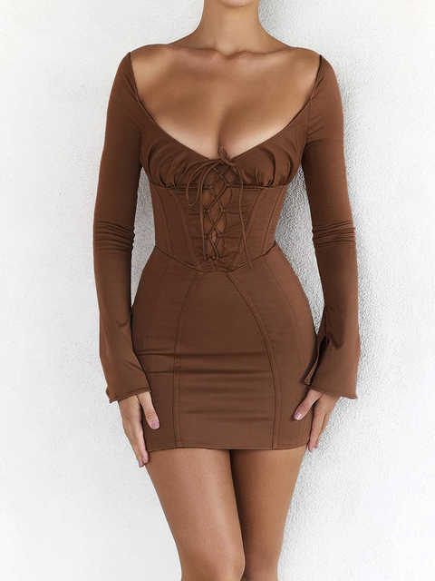 

Fall Outfits Women V Neck Long Sleeve Bodycon Mini Dress Fashion Streetwear Chic Lace Up Corset Brown Party Dress, Chocolate