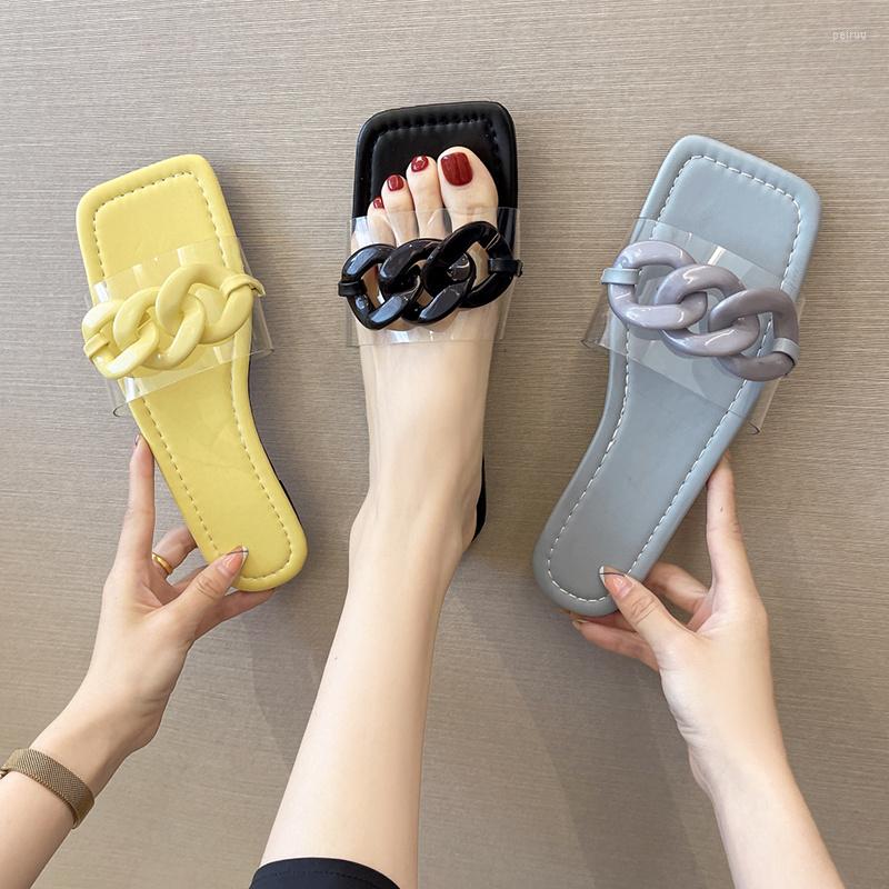 

Slippers Shoes Woman 2023 Flat Luxury Slides Pantofle Designer Summer PU Fashion Rubber Basic Chain Slip