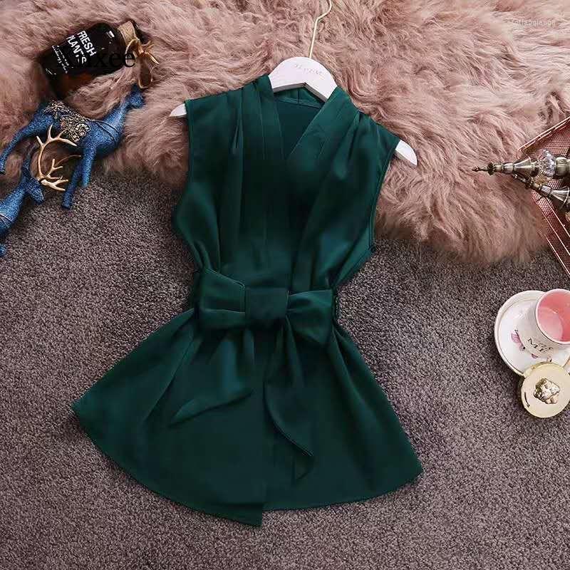 

Women' Tanks Summer Bow Women Sleeveless Satin Shirts Sexy Lady Lace Up Waist Tops Clothing Office Silk, Green