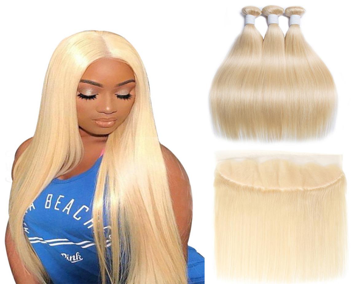 

Modern Show 100 Brazilian Straight Human Hair 613 Bundles with Frontal Blonde Closure Weave Bundle And Lace Front Closure Remy1433307