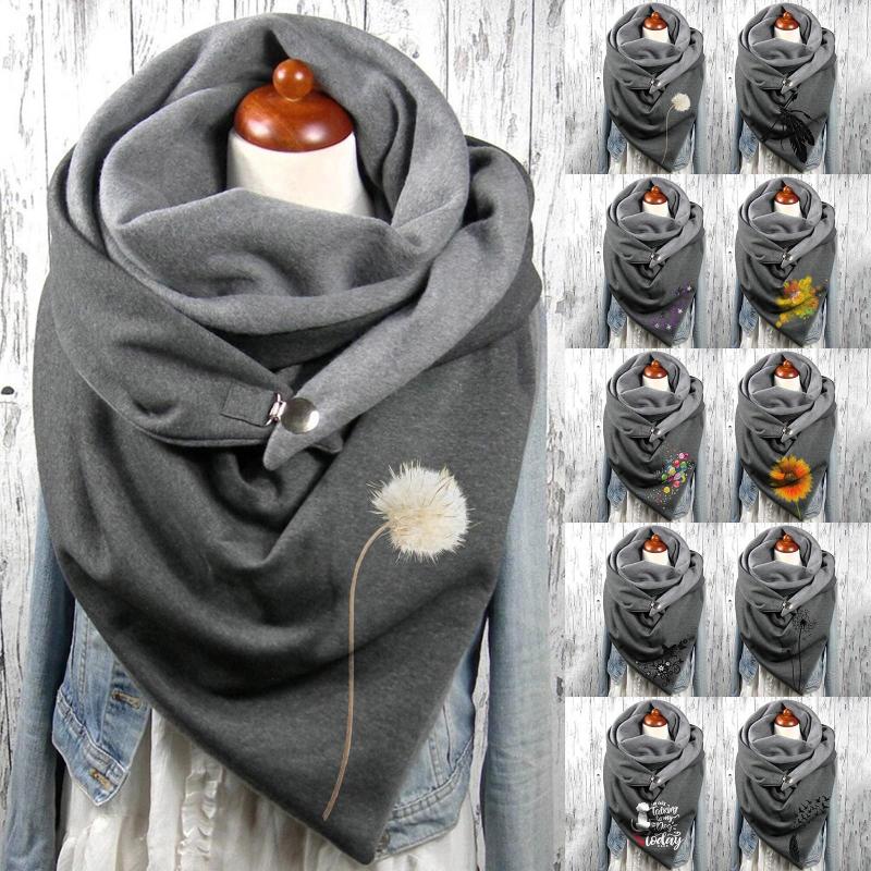 

Scarves Winter Scarf Women Fashion Flower Print Button Soft Wrap Multi-Purpose Warm Velvet Hijabs Foulard Echarpe Femme