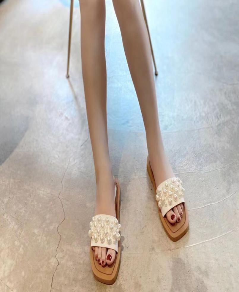 

stylishbox T21042904 40 blackwhite genuine leather calf skin pearl sandals slides slippers fashion flats2905666, Black