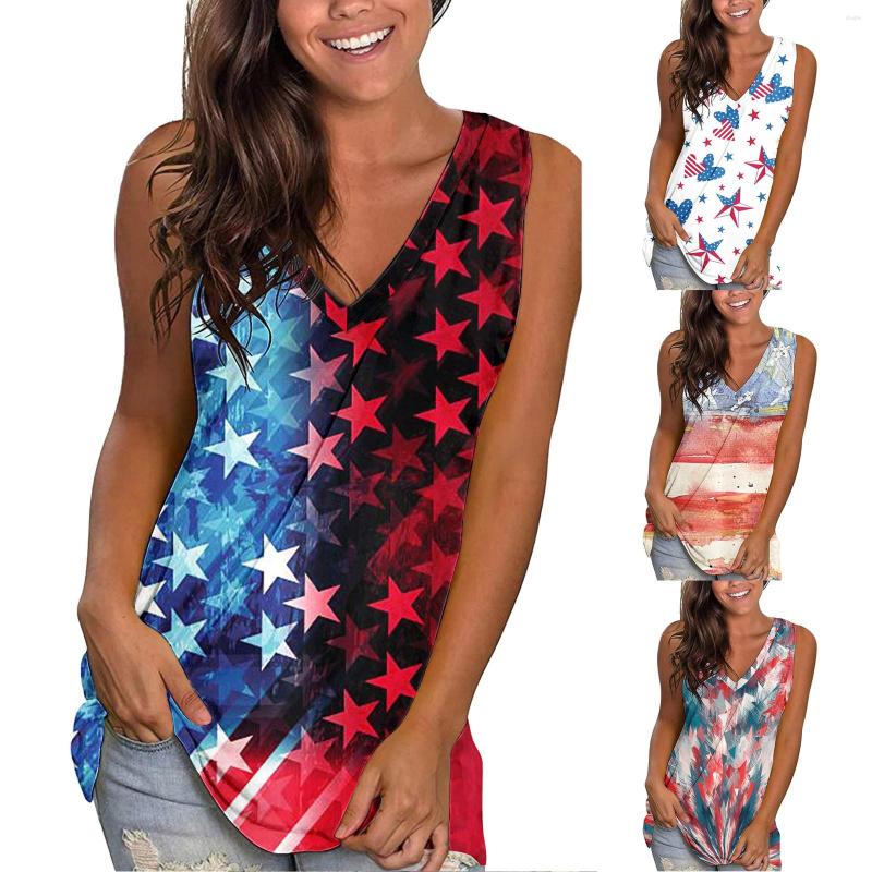 

Women's Tanks Women Independence Day American Flag Print Sleeveless Top Casual Shirt Vest Round Neck Splice Camis, Red