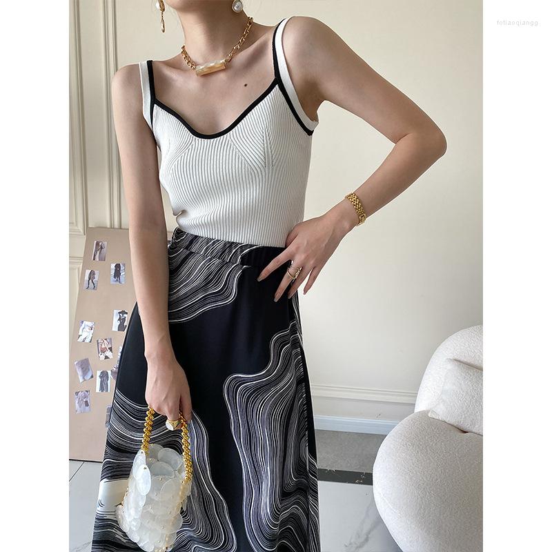 

Women's Tanks 2023 Summer Contrast Color Slim Knit Vest Women's High Street Short Tank Tops, White