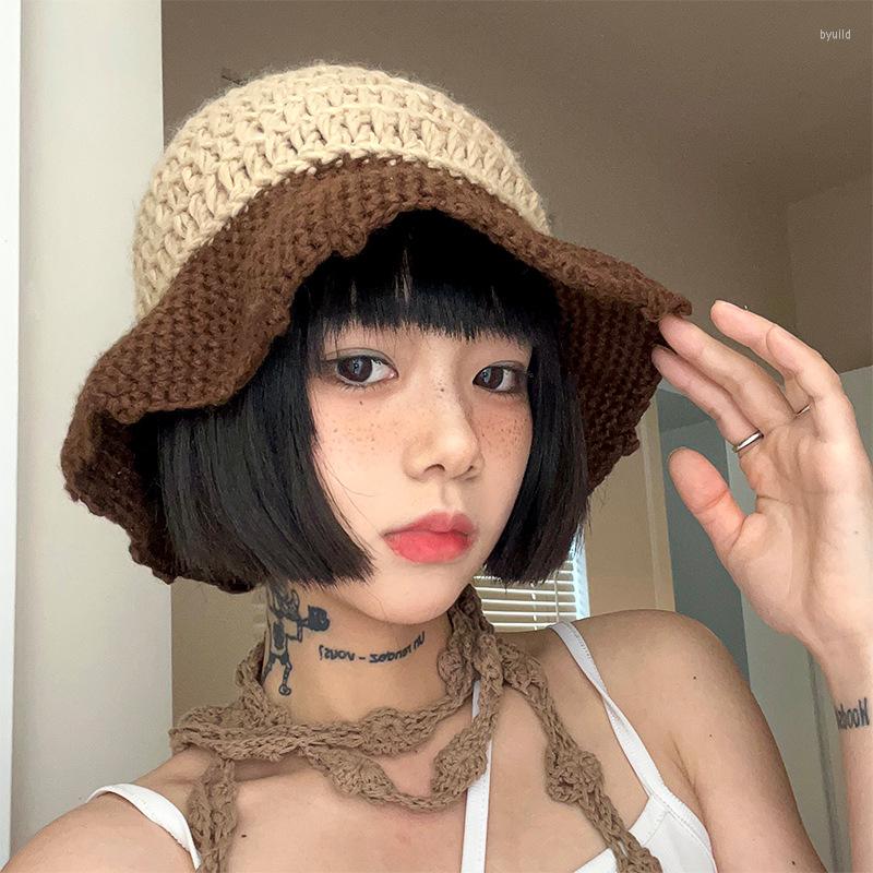 

Berets Color-blocking Knitted Bucket Hat Handmade Crochet Sweet Big Head Circumference Cute Japanese Basin Cap Women's Hats, Light khaki-white