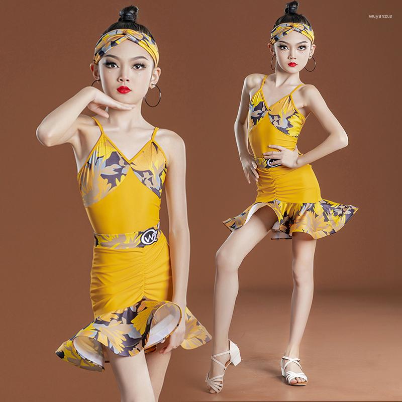 

Stage Wear Latin Dance Competition Costume Girls Yellow Suit Sling Tops Skirt ChaCha Performance Outfit Samba Practice Dancewear VDB10327, Bodysuit-skirt